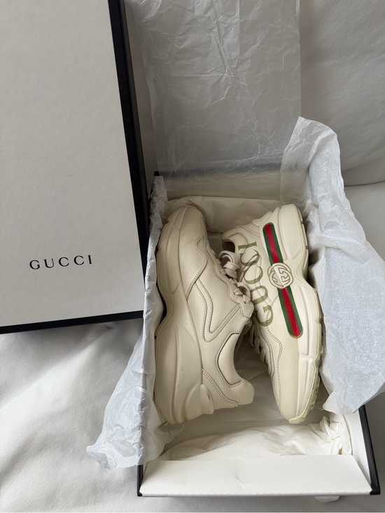 Gucci Shoes - Gucci Cream Leather Chunky Sneakers with Red & Green Stripe